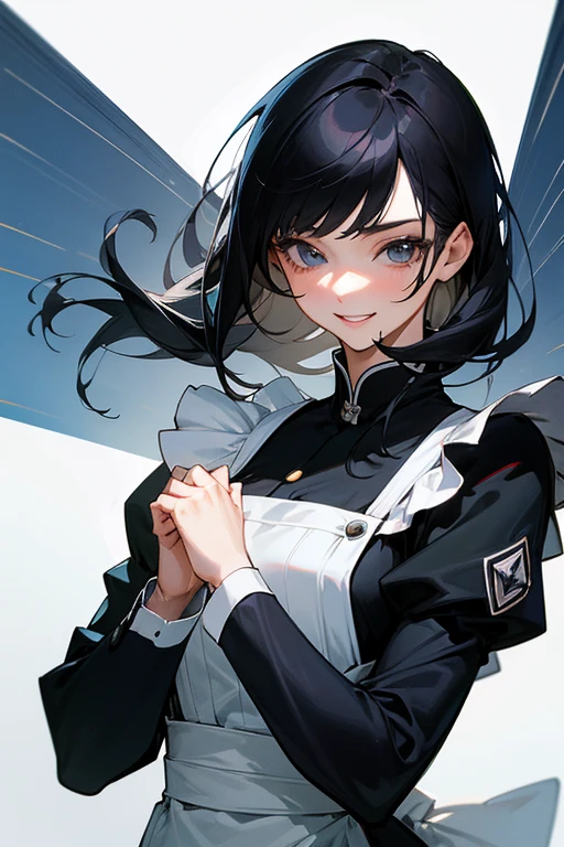 (Highest Resolution, clear_image) Highest quality, One woman, alone, masterpiece, Very detailed, Semi-realistic, Black Hairのショートヘア, Black Hair, bangs, 18-year-old, mature, light blue uniform, kind, Authoritative, Powerful, exquisite features, exquisite features、Eyelashes become longer、Showing teeth、smile😀、Maid clothes、woman'Fingers in the、Sleeping on the sofa、Long Hair、Fluttering in the wind、Navy blue clothes、Long Hair、I'Carrying the plate、Long Hair、Laugh gently、Braiding、