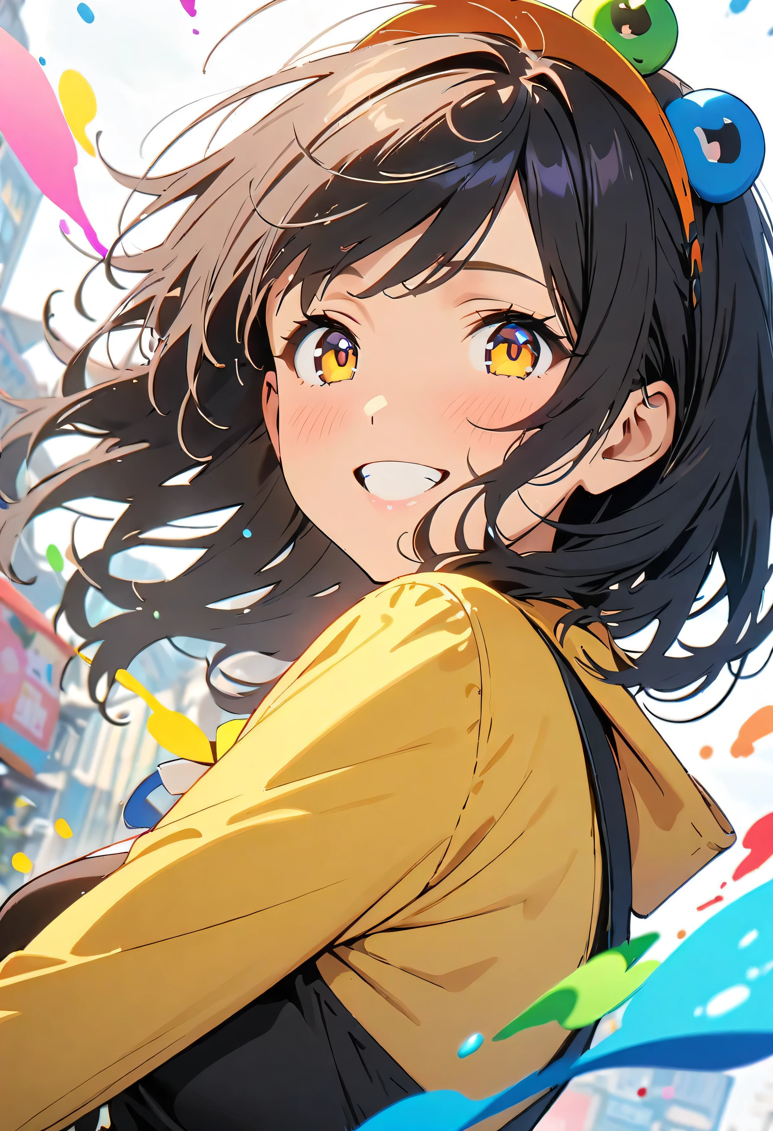 (masterpiece, Highest quality, Official Art:1.2), (colorful), Looking at the audience, One Girl, alone, White Background, floating colorful water, Ultra-fine illustrations, highly detailed, Dynamic Angle, beautiful detailed, 8K, break smiling amidst the colorful scenes, (Highest quality, masterpiece, High resolution, detailed), Anime Style, (Shining Eyes, detailed美しい顔), break,Dynamic Angle