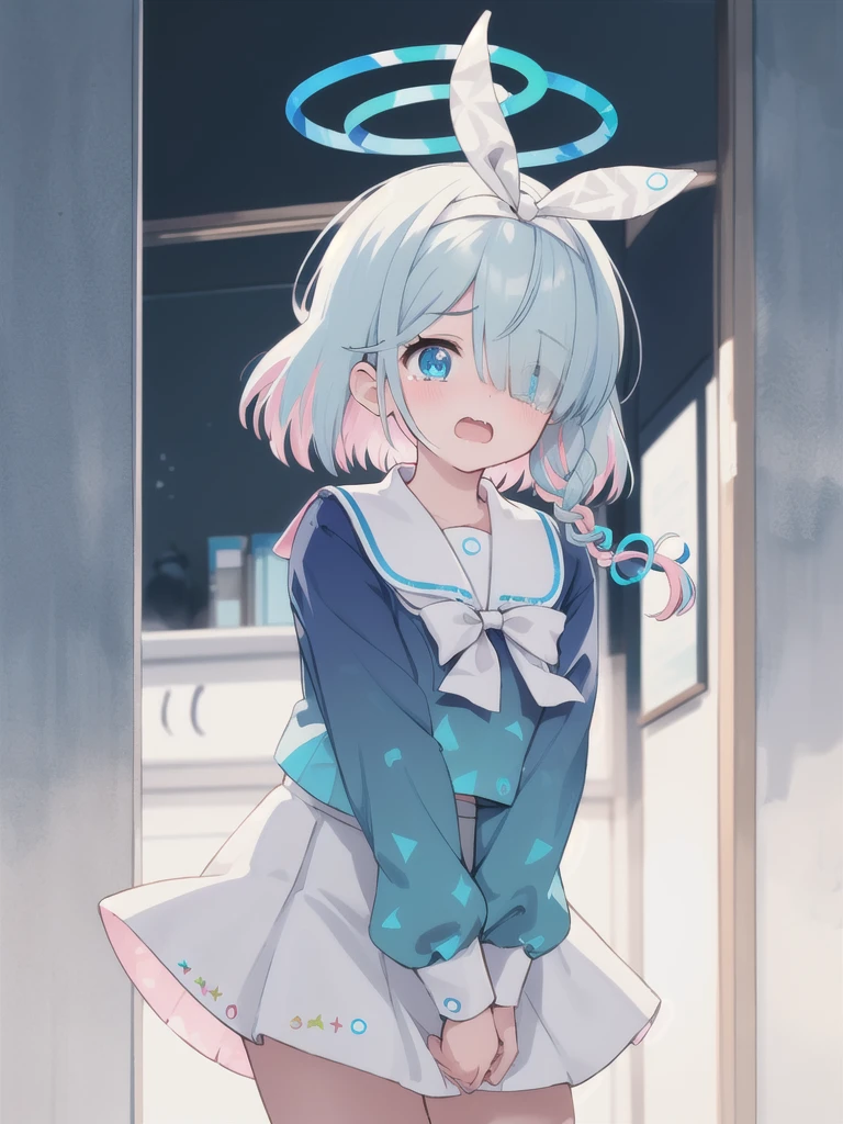 masterpiece,Highest quality,1 Girl,Halo,Cry with your eyes open,Open your mouth,青い小さいHalo,blue eyes,Braid,Multicolored Hair,Blue school shirt,Long sleeves,White Skirt,