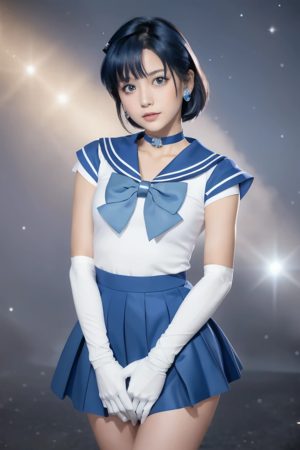 Mer1, tiara, sailor senshi uniform, blue sailor collar, bow, knee boots, choker, white gloves, blue choker, elbow gloves, jewelry, earrings, blue skirt,(Highest quality, masterpiece, Ultra-high resolution), Mercury in the background, Dynamic pose,Cute face,Realistic Skin,Realistic Face