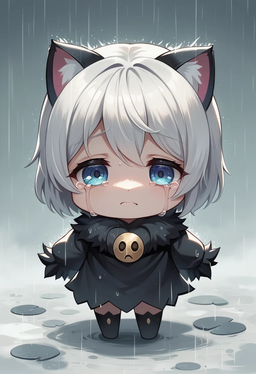 (best quality,4k,highres,ultra-detailed,masterpiece:1.3), black cat, white hair, cute anime girl, Fine art, chibi caracter, sad, sorrow, crying, tears, rainy, rain