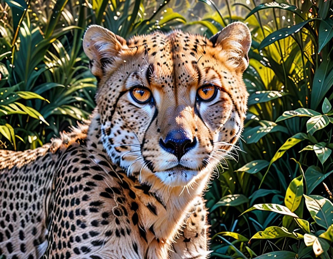 masterpiece, 4k, high definition, best quality, a cheetah lurking in the jungle, beautiful detailed eyes, beautiful detailed face, detailed fur and skin, realistic, photorealistic, vibrant colors, warm lighting, cinematic composition,
