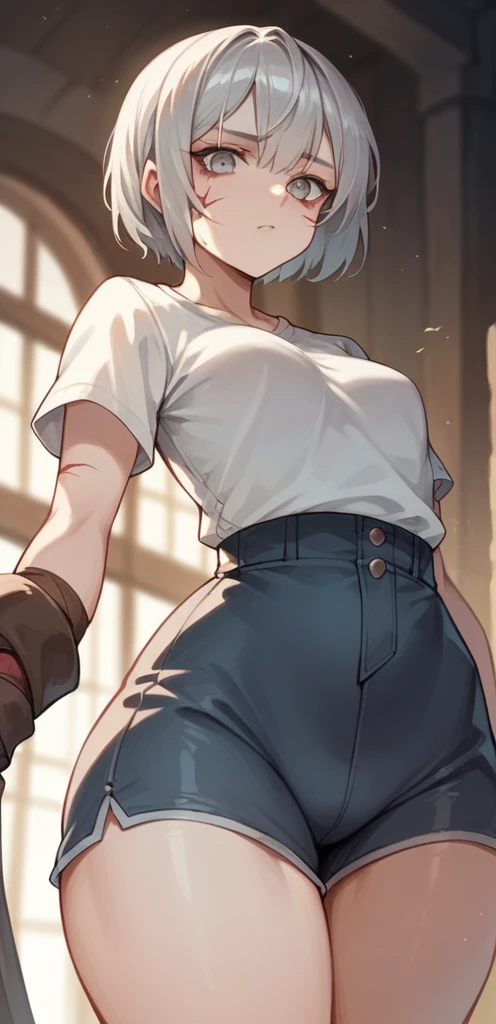 Pale skinned woman with burn scars on her left arm and below her left eye with silver hair, small tits, big hips and silver colored eyes. shorts and medieval tight shirt
