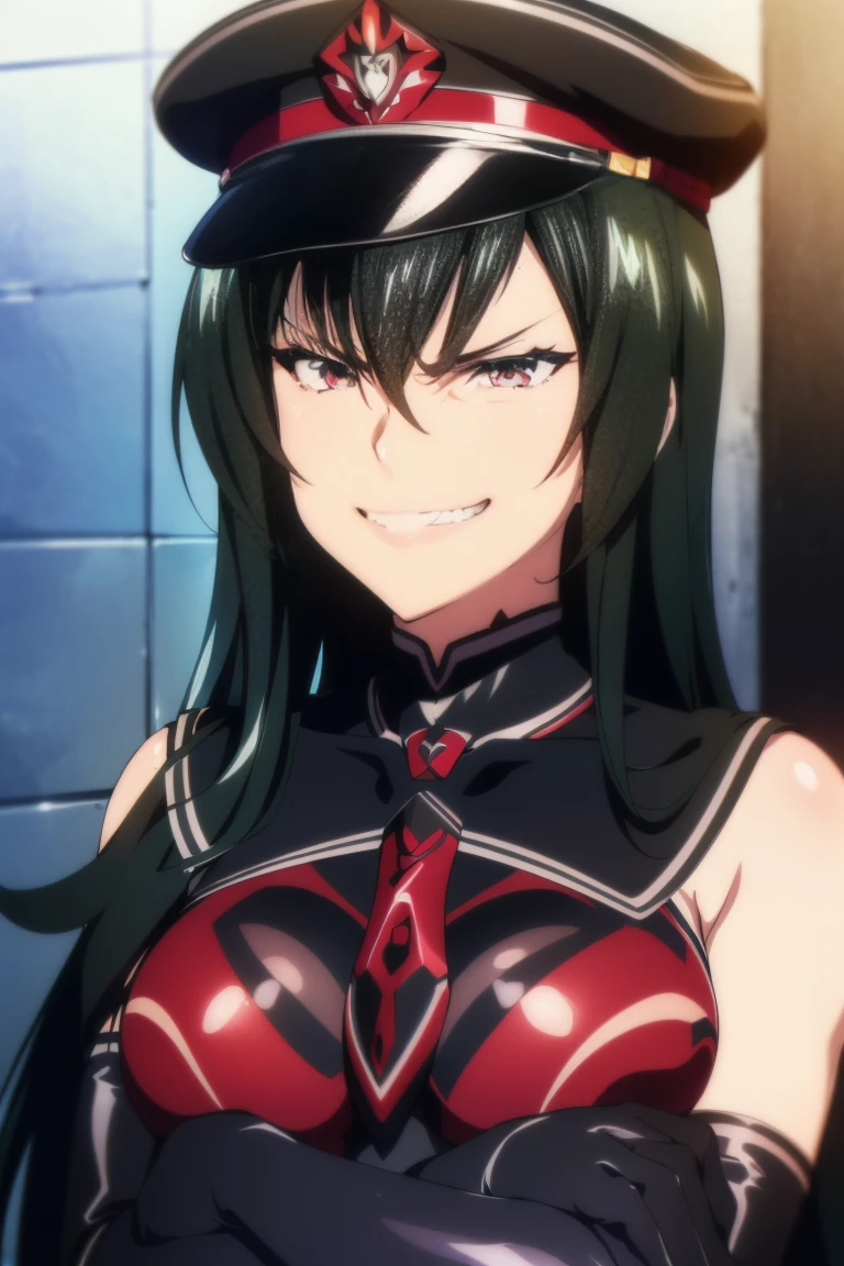 teenage girl, 16 years old, (((grinning lasciviously))), seductive anime girl, (((nefarious smirk))), [[[[grinning evily]]]], beautiful, masterpiece, ultra detailed, extremely detailed, ultra high res, 8k, beautiful detailed face, anime screencap, heart shaped face woman, (black hair:1.2), long hair, hair between eyes, large breasts, fearless face, sharp face, slant eyes, cat eyes, 170cm tall, adult, perfect proportion, (((black high-leg leotard))), (((dare shoulder))), cleavage, (((thigh boots))), choker, (((military cap))), anime style, ultra detailed beautiful face and eyes, front view, raw phot, incredibly absurdres, Beautiful portrait of cute anime girls, super fine illustration, full-hd, hdr, best aesthetic, distinct, exquisite, masterwork, by famous artist, highers, (((perfect anatomy))), mocking, (((rape face))), (((evil grin))), intense eyes, sadistic, gleaming skin, oil skin, slut face, full-face blush, smirking, mischievous grin, furrowed mouth, both legs, pouty lips, downturned corners, rosy hue, grin widely, cheeky smirk, (((bad-tempered glare))), gloating, crazy smile, scary face, cruel smile, fang, connected teeth,, (((elbow gloves))), (((big connected teeth)), glare, grimace, smirk, (((scowling face))), smile broadly, symmetrical eyes, even eyes, perfect eyes, (((squinting eyes))), deep detailed eyes, shiny clothes, 1girl, solo, smug, smile grimly, (((dimpled smile))), pink eyes, (((upper body shot))), (((laugh))), (((pleasure face))), (((brutality face))), (((scary face))), (((empty eyes))), anime best girl, [[[[grinning evily]]]], anime moe artstyle,  