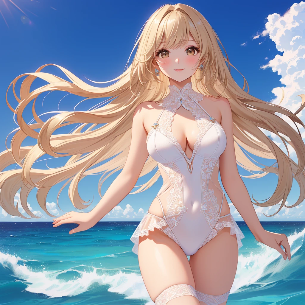( Absurd , High quality , ultra detailed, careful with hand )Zodiac - Gemini goddess , similar to latin goodness , Solo . Curious, skillful, humorous, seductive, imaginative face , Sometimes impractical, restless, nervous, careless style , mature , light brown eyes , long hair , light blonde hair , transparent dress , lace lingerie , in the ocean with wind , whole body , flirty look ,