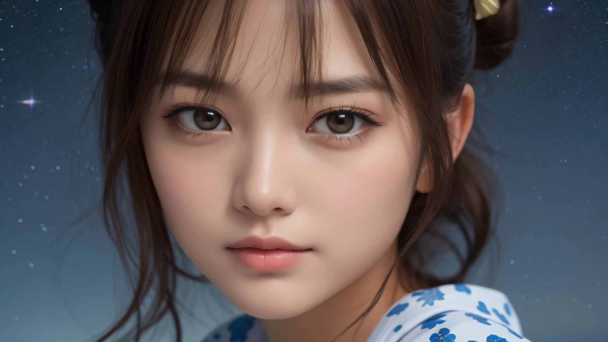 (1women), bun hair, (round eyes:1.2), (highly detailed face), (extremely detailed beautiful face), (floral pattern yukata), (Best Quality:1.4), (Ultra-detailed), extremely detailed CG unified 8k wallpaper, Realistic portrait, Beautiful detailed, High-definition raw color photos, professional photography, night sky, tanzaku, (Japan's Tanabata, Tanabata night), tanzaku, beautiful milky way, (fine face:1.2), focus on women