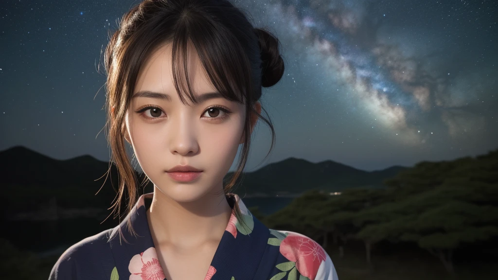 (1women), bun hair, (round eyes:1.2), (highly detailed face), (extremely detailed beautiful face), (floral pattern yukata), (Best Quality:1.4), (Ultra-detailed), extremely detailed CG unified 8k wallpaper, Realistic portrait, Beautiful detailed, High-definition raw color photos, professional photography, night sky, tanzaku, (Japan's Tanabata, Tanabata night), tanzaku, beautiful milky way, (fine face:1.2), focus on women