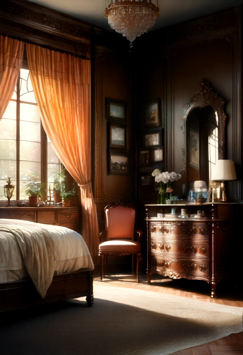 a cozy bedroom, delicate lace curtains, soft pastel colors, warm ambient lighting, plush bedding, a vintage vanity mirror, hanging plants, a crystal chandelier, fluffy pillows, detailed wooden furniture, a large window overlooking a serene garden, (best quality,4k,8k,highres,masterpiece:1.2),ultra-detailed,(realistic,photorealistic,photo-realistic:1.37),intricate details,natural textures,soft lighting,warm color palette,elegant interior design