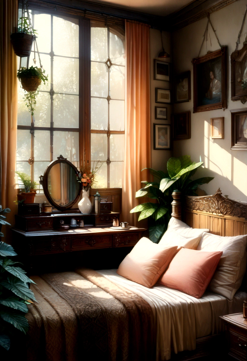 a cozy bedroom, delicate lace curtains, soft pastel colors, warm ambient lighting, plush bedding, a vintage vanity mirror, hanging plants, a crystal chandelier, fluffy pillows, detailed wooden furniture, a large window overlooking a serene garden, (best quality,4k,8k,highres,masterpiece:1.2),ultra-detailed,(realistic,photorealistic,photo-realistic:1.37),intricate details,natural textures,soft lighting,warm color palette,elegant interior design