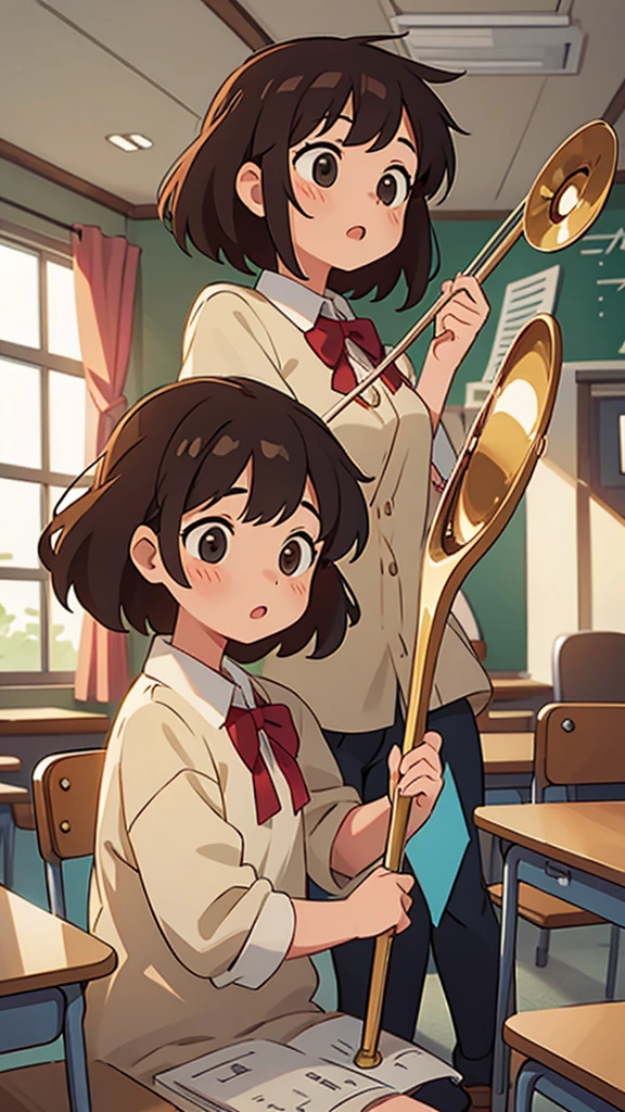 Girl playing trombone in classroom