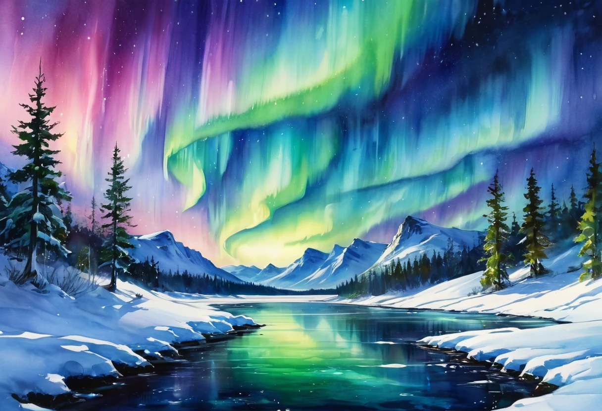 aquarell painting, aurora borealis, beautiful scenery, snow