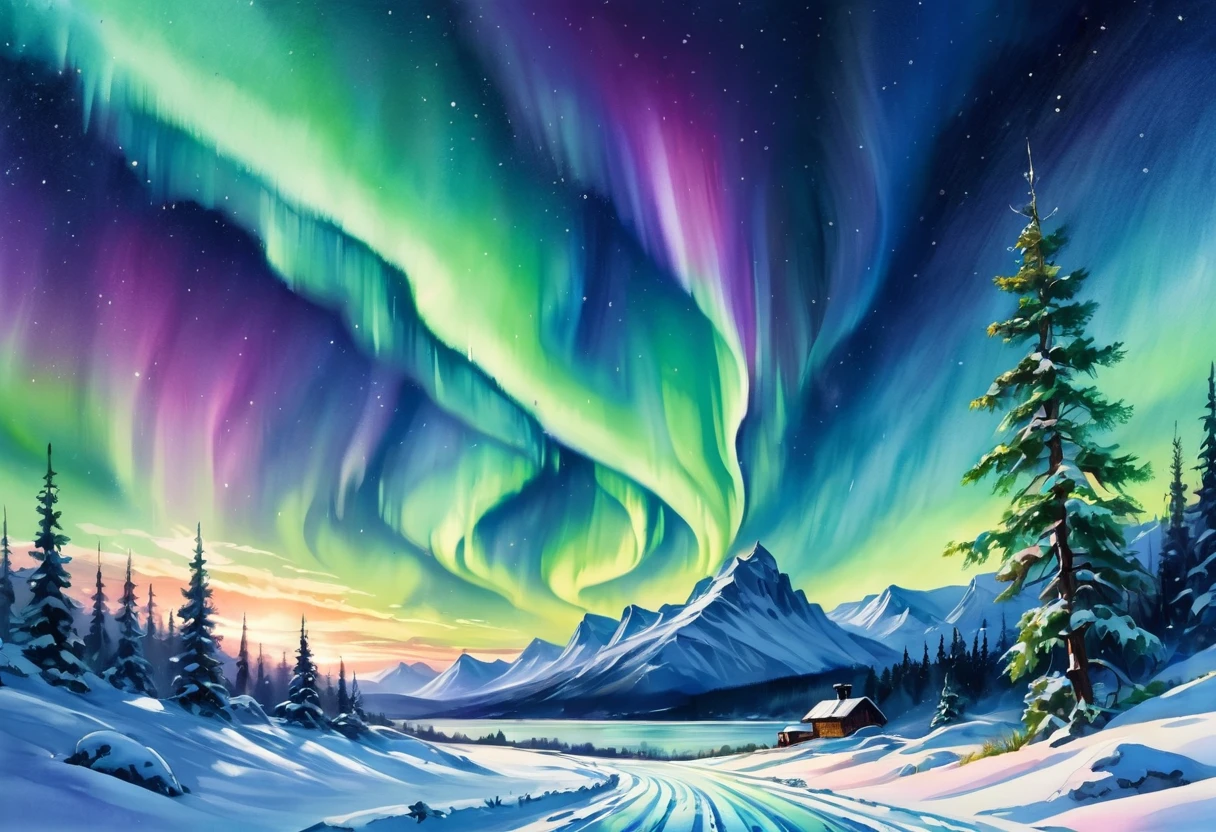 aquarell painting, aurora borealis, beautiful scenery, snow