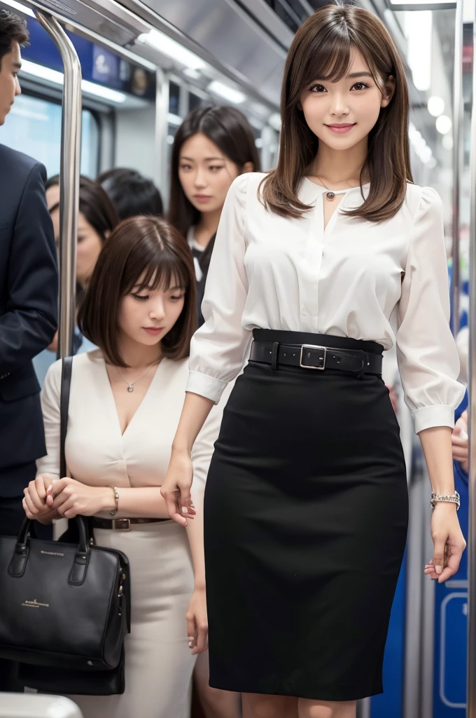 A packed train in tokyo, office ladies commuting to work, suits, people standing so close together that their bodies are touching, ((full body)), ((photo)), ((best qualtiy, 8K, tmasterpiece:1.3)), Focus:1.2, perfect figure beautiful girl:1.4, 1girl, cowboy shot, look at viewer, incredibly absurd, beautiful and cute girl with a photorealistic face, showcasing top-quality craftsmanship, A Japanese woman looking cramped on a crowded train, 20 years old, long dark brown hair that falls to her shoulders, long shiny hair, with bangs, side parted hairstyle, brown eyes, round face, small nose, cherry red lips, bright smile, white teeth, smooth skin, healthy complexion, small ears, natural eyebrows, long eyelashes, slim, well-balanced proportions, moderate muscle, slim waist, round hips, supple limbs, short nails, beautiful C cup breasts, white blouse, black tight skirt, heeled pumps, silver necklace and bracelet, black belt, pretty older woman, beautiful, neat, soothing, cute voice, polite, kind-hearted, responsible, positive, optimistic, sociable, good communication skills, April