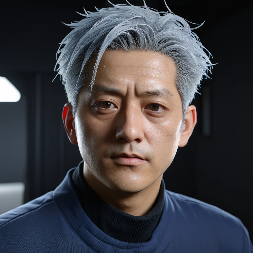 ((Highest quality)), ((masterpiece)), (detailed:1.4), 3d, Like Gojo Satoru from Jujutsu Kaisen,High resolution (High Dynamic Range),Ray Tracing,NVIDIA,Super Resolution,Scattered beneath the surface,PBR Texturing,Post-processing,Anisotropic Filtering,Depth of written boundary,Maximum clarity and sharpness,Multilayer Texture,Surface Shading,Accurate simulation of light-matter interactions,Two-tone lighting,wide aperture,Low ISO,White balance,Three-part method,8K RAW,Handsome,Gray Hair