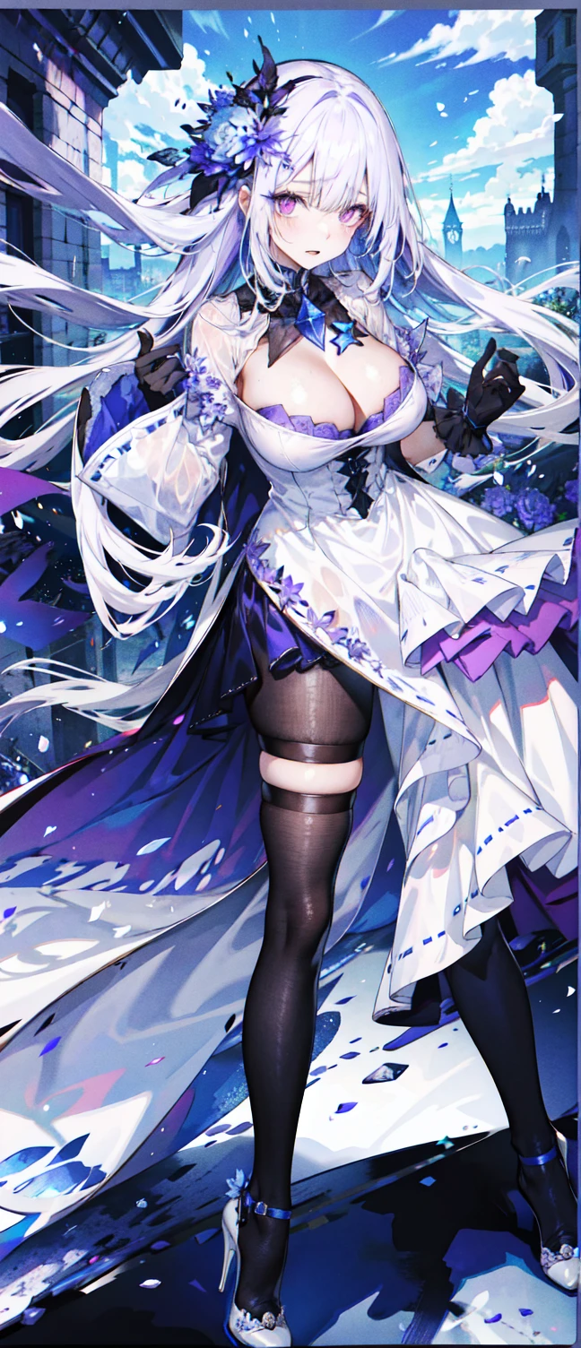 （（masterpiece：1.4，best quality）），（Super detailed），（Extremely detailed eyes），（Shiny socks：1.5），Hello Darkness
（Cute girls），15 years old，（Blood-red pupils，Diamond-shaped pupil：1.15），Purple Eyeshadow，（elongated hair，Thick hair，Single ponytail，shiny hair：1.5）（Changes through：1.2），despair，sad，Empty eyes，tears streaming down my face，tilting its head to the side，
（She wore a blue dress，：1.5），（Black gloves：1.4）Very long plush sleeves，White，White Cloud，Dream bubbles ，Ice and glitter effects
（Black long skirt：1.1），
（（Starry Sky：1.2）），
（Intense black and white：1.16），（Depth of Field：1.4），，Intricate details，(((Detailed background，Castle in the Sky，Purple flowers by the lake)))，(((Huge breasts， breasts，Deep cleavage，White stiletto high heels， clothes)))