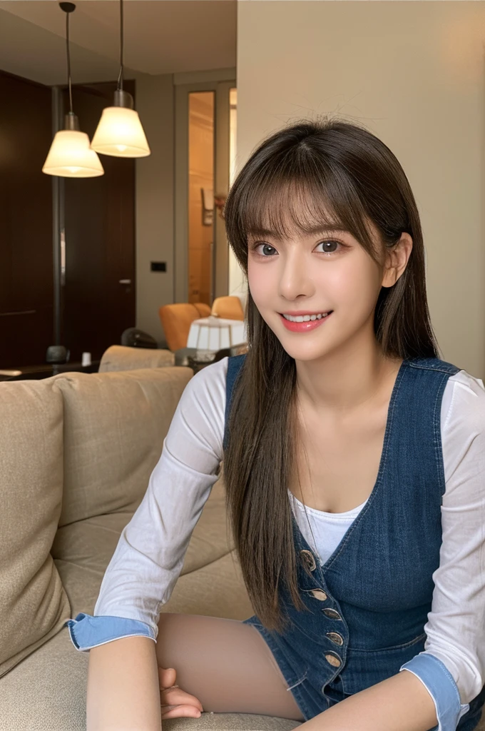 Ulchan-6500-v1.1, (RAW photo:1.2), (Photoreal), beautiful detailed girl, (genuine: 1.4), very detailed目と顔, beautiful and detailed eyes, Mr.々patterned vest、((sit with feet together:1.3))、(super realistic pantyhose:1.2), (high heels)、((business services))、(very affectionate smile:1.2)、huge file size, High resolution, very detailed, highest quality, [masterpiece:1.6], enlightenment, very detailed, finely, highest quality, 8k wallpaper, movie lighting, 1 girl, 26 years old, perfect body shape, cute droopy eyes、beautiful big eyes、highest quality, 1 girl, eye shadow, Upper body, portrait, ((full body shot:1.3))、