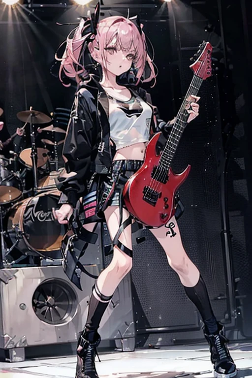 Realistic:1.2, Rocker girl in leather jacket,Slim figure、Normal bust size、 highly Realistic photograph,  Full Body Shot, １2 electric guitars, Spiked clothing,White tank top、Navel exposed、Low-rise leather shorts,tattoo,Earrings Dark lipstick, blue eyes,Pink twin tail hair,Black Ribbon, Beautiful and perfect legs, Confident expression, Punk Style ,Dynamic pose, Dynamic Lighting, Colorful Stage,Colorful stage lights,Perfect Anatomy,