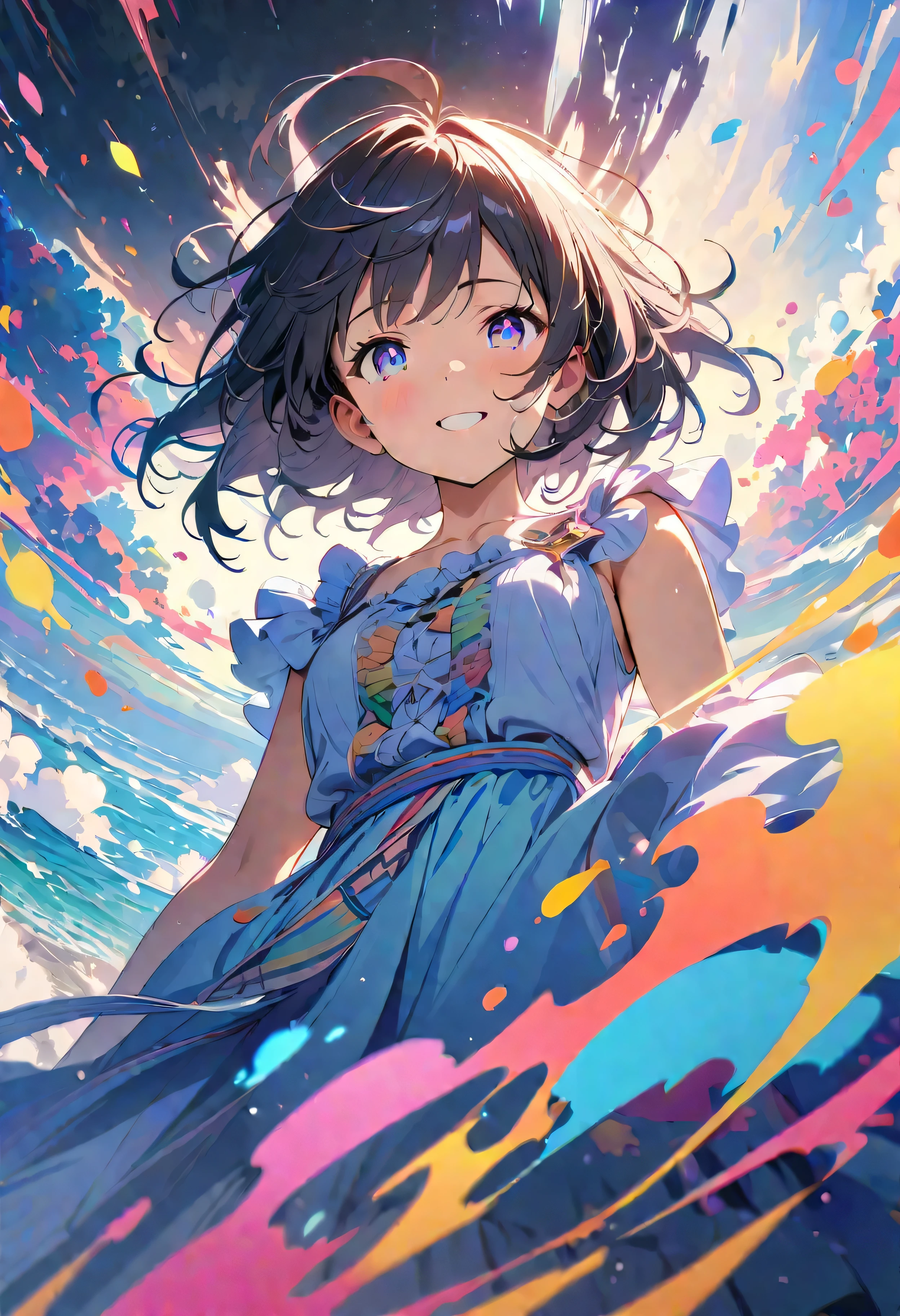 (masterpiece, Highest quality, Official Art:1.2), (colorful), Looking at the audience, One Girl, alone, White Background, floating colorful water, Ultra-fine illustrations, highly detailed, Dynamic Angle, beautiful detailed, 8K, break smiling amidst the colorful scenes, (Highest quality, masterpiece, High resolution, detailed), Anime Style, (Shining Eyes, detailed美しい顔), break,Dynamic Angle