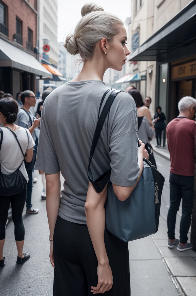 Photographic and realistic image:
 In the foreground images in focus;
 seen from the side, an elegant woman, 30 years old, tall and thin, platinum hair styled in a bun hanging at the back of her head;  she wears a light grayish blue ensemble;  blazer and tight skirt. 
 From behind;  With her right hand she touches a man's shoulder, drawing his attention because the man's back is turned;  is 37 years old;  short, slightly gray hair.  His back is turned;  wears a black t-shirt and pants;  Hanging a shoulder bag over his shoulder.
 In the background, the silhouette of dozens of people in front of a building.