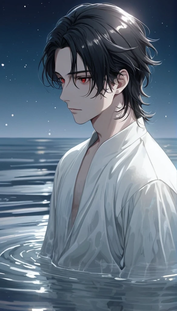Anime-style male character in water, (long black hair:1.2), (gentle expression:1.1), red eyes, white noble outfit, (rippling water effect around body:1.3), moonlight reflecting on water, night sky, subtle water splashes, high-resolution digital art, soft color palette, tranquil atmosphere, (serene ocean background:1.1), realistic water texture
