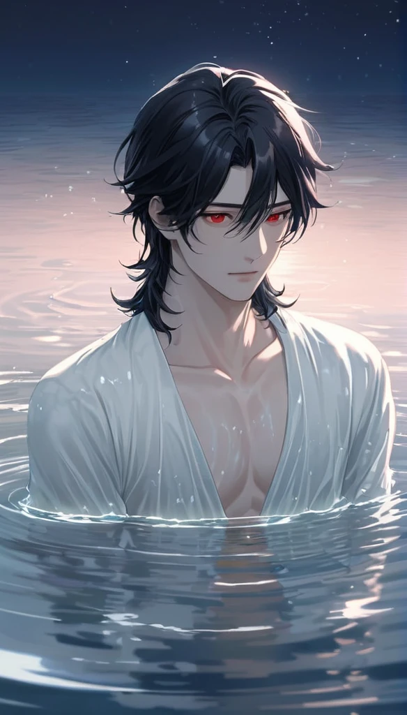 Anime-style male character in water, (long black hair:1.2), (gentle expression:1.1), red eyes, white noble outfit, (rippling water effect around body:1.3), moonlight reflecting on water, night sky, subtle water splashes, high-resolution digital art, soft color palette, tranquil atmosphere, (serene ocean background:1.1), realistic water texture

