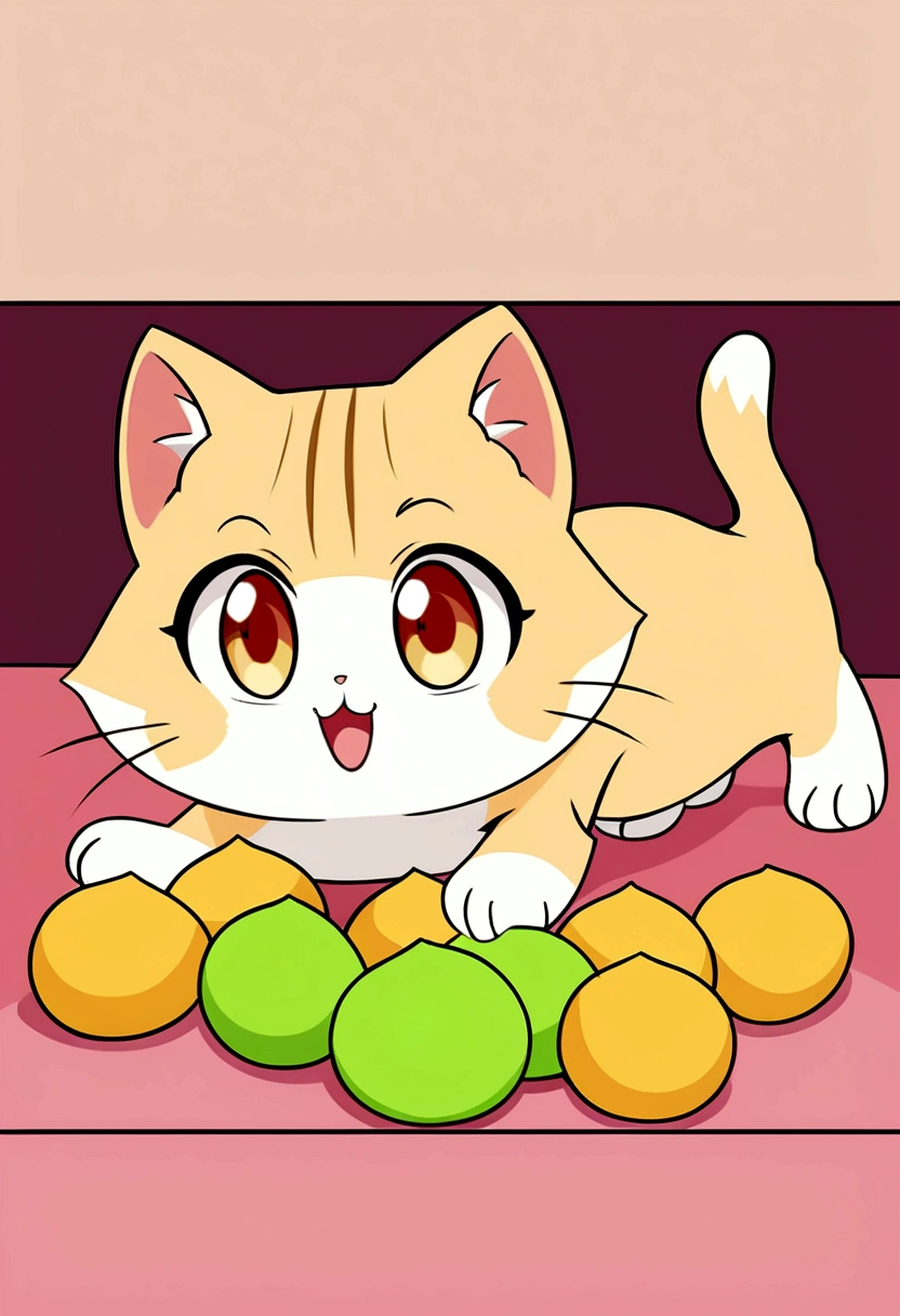Cute vector illustration of a kitten with a carambola, Anime style, M Jenny Style, Digital Implicationsn, Nearly perfect, Very detailed, Smooth, Focus, Implications, 4K resolution