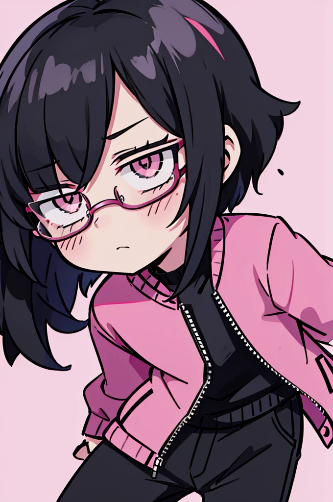 black pants, Sharp image, man, Black hair with pink ends, wearing a pink jacket. , has a dull, bored face, wears round glasses, has short, neat hair,