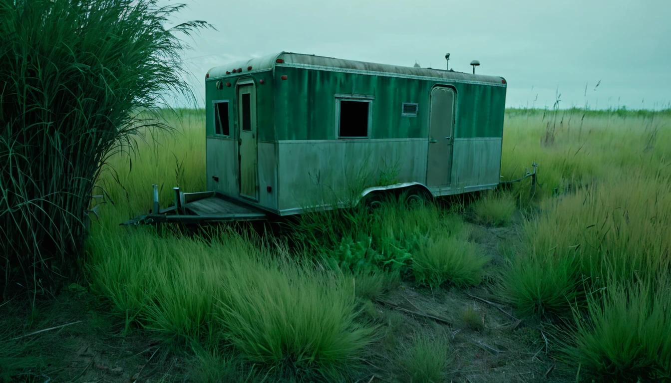 hidden trailer, empty land, tall grass and bushes, eerie environment