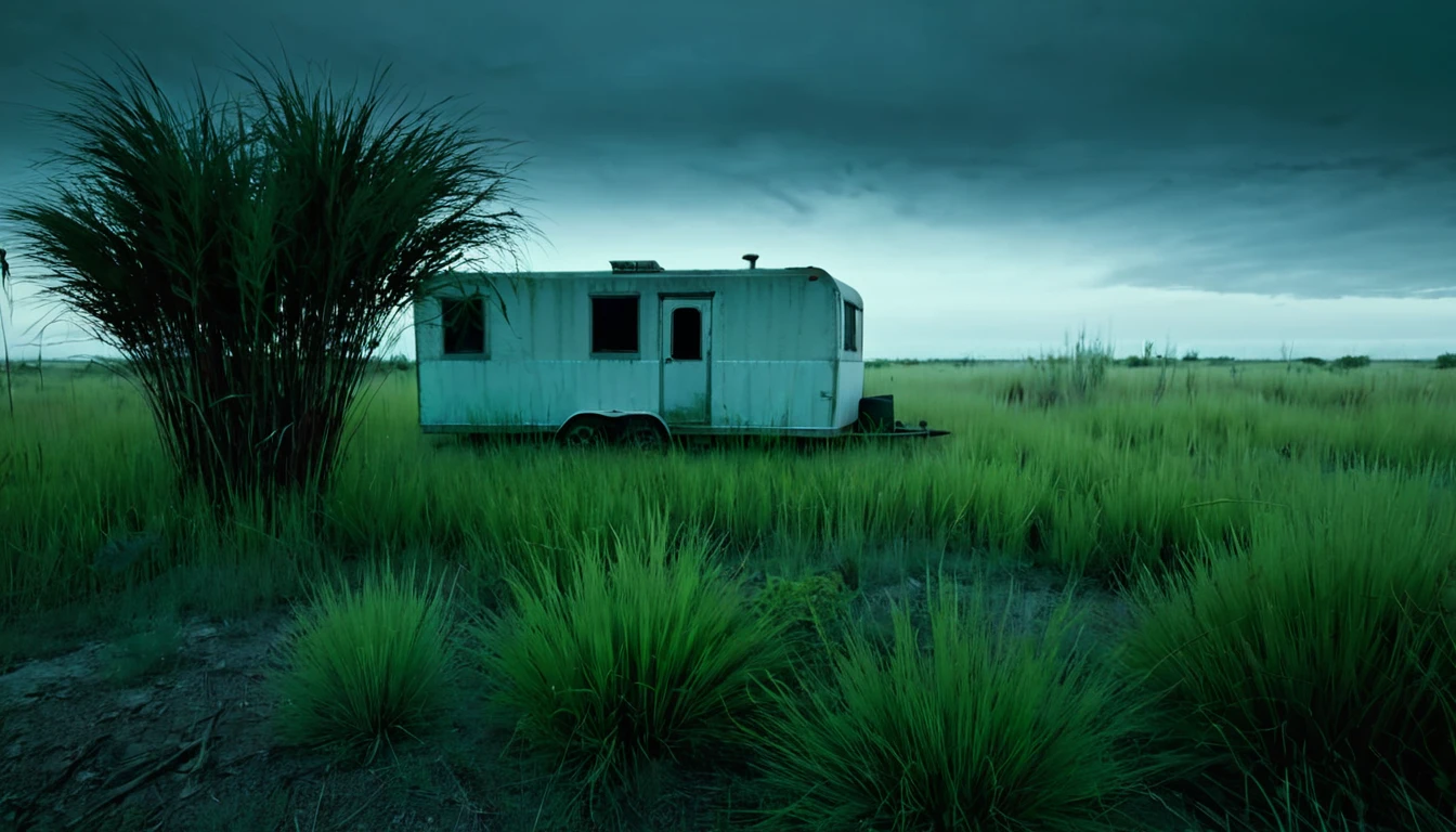 hidden trailer, empty land, tall grass and bushes, eerie environment