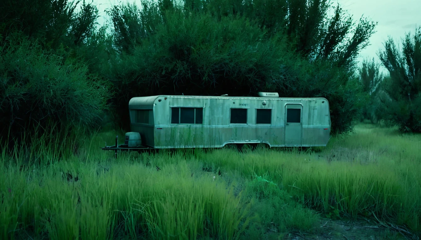 hidden trailer, empty land, tall grass and bushes, eerie environment