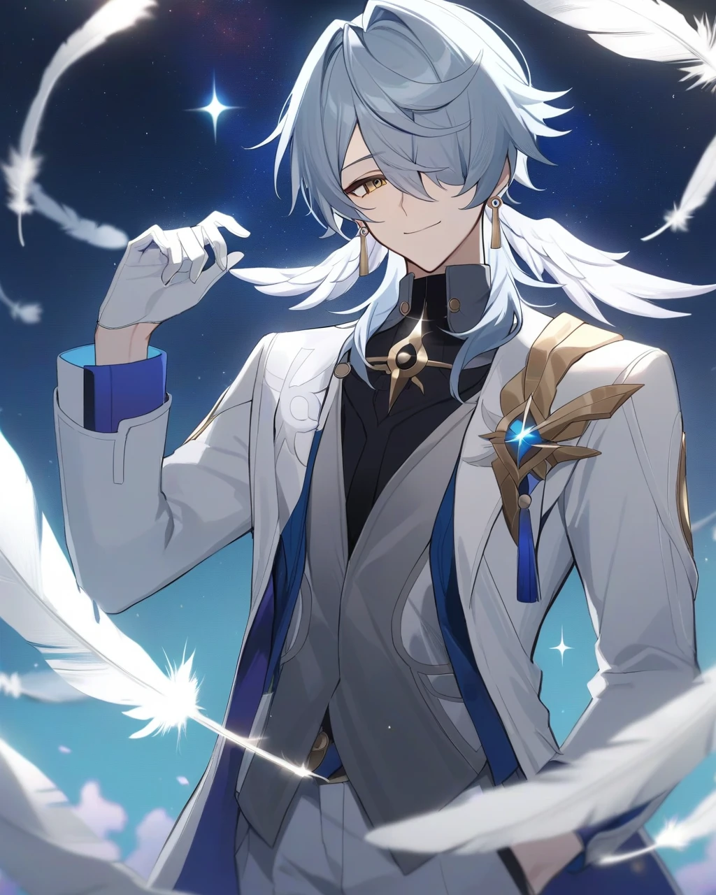 masterpiece,best quality,sunday_(honkai:_star_rail), pants, grey_vest, gold_trim, standing, open_clothes, black_shirt, sidelocks, white_coat, one_eye_covered, sky, tassel, smile, vest, hands_up, starry_sky, looking_at_viewer, gloves,  solo, star_\(sky\), sparkle, glint, diffraction_spikes, open_coat, hand_up, shirt, hair_over_one_eye, long_sleeves, jewelry, white_gloves, white_jacket, jacket, ahoge, open_jacket, 1boy, male_focus, feathers, earrings, white_pants, coat