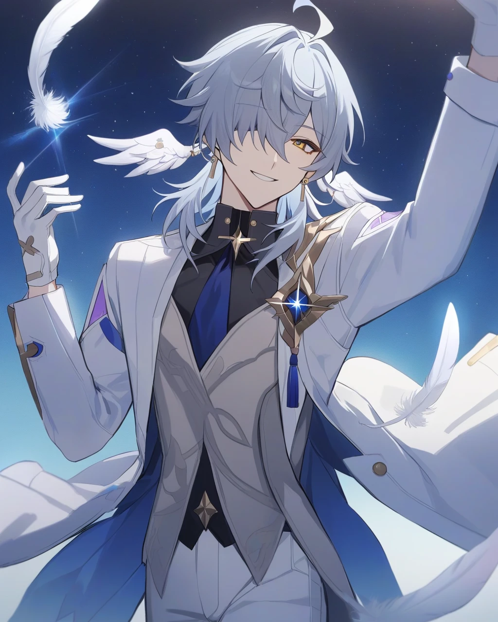 masterpiece,best quality,sunday_(honkai:_star_rail), pants, grey_vest, gold_trim, standing, open_clothes, black_shirt, sidelocks, white_coat, one_eye_covered, sky, tassel, smile, vest, hands_up, starry_sky, looking_at_viewer, gloves, solo, star_\(sky\), sparkle, glint, diffraction_spikes, open_coat, hand_up, shirt, hair_over_one_eye, long_sleeves, jewelry, white_gloves, white_jacket, jacket, ahoge, open_jacket, 1boy, male_focus, feathers, earrings, white_pants, coat