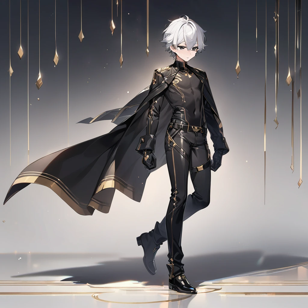 High quality, hd, 4k, 1male, 17years old, white hair, black eyes, black leather clothing, black pants, black gloves, golden lines, lean body, full body