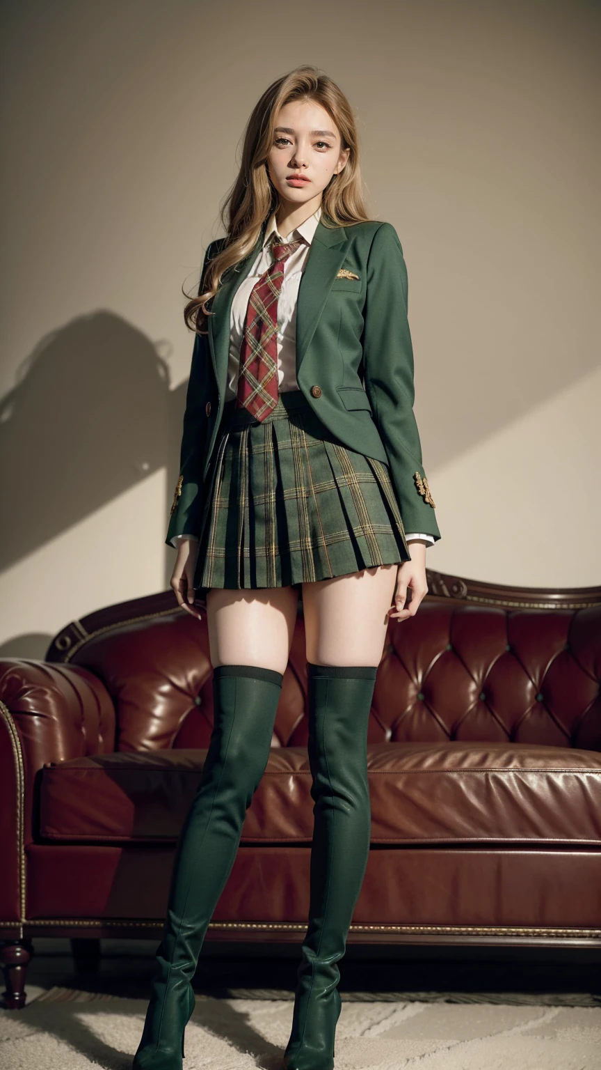 UHD,8K,girlvn01, 1girl,school,Big Eyes,Stunningly Beautiful Girl,green suit,Epaulette, pleated plaid green skirt,plaid red necktie, Long shaped face,Sandy Blonde side-swept hair,standing ,black stocking ,sofa,student boots high heels,full body,