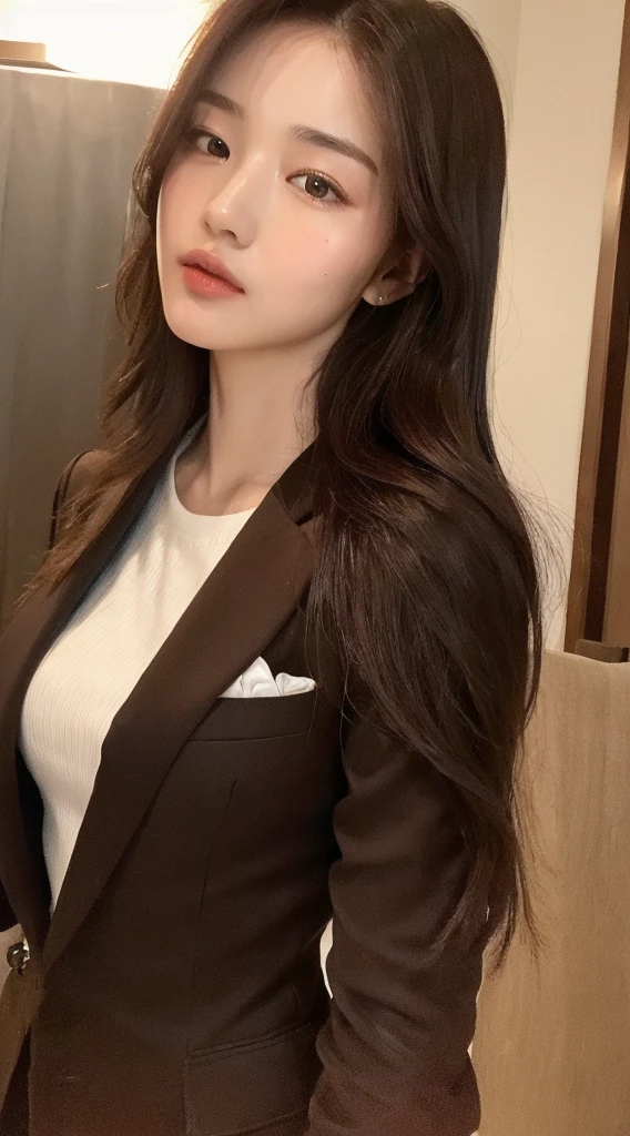 ((top quality, 8k, masterpiece: 1.3)), beautiful woman, 1 woman, slender figure: 1.1, dark brown hair, brown suit, super detailed face, detailed lips, detailed eyes, double eyelids, back figure,