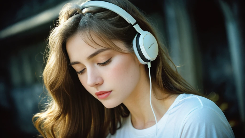 Beautiful blonde with big breasts in a black T-shirt (I sit in the dark ruins with my eyes closed and tears streaming down my face),Wearing headphones,Very detailed, 21 years old, Innocent face, Naturally Wavy Hair, blue eyes, High resolution, masterpiece, Highest quality, Intricate details, Very detailed, Clear focus, Delicate skin, practical skin texture, texture, Delicate eyes, Professional, 4K, Sad crying face, Shot with Canon, 85mm, Shallow and deep, Kodak Vision Color, Exactly, Very detailed, photograph_\(Extremist\), photographpractical, practical, Post-processing, Maximum details, Roughness, Real Life, Extremist practical, Photorealism, photographgraphy, 8K Ultra HD, photographgraphy