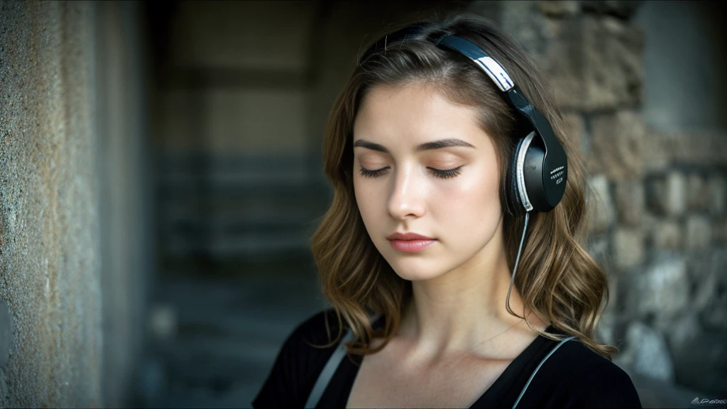 Beautiful blonde with big breasts in a black T-shirt (I sit in the dark ruins with my eyes closed and tears streaming down my face),Wearing headphones,Very detailed, 21 years old, Innocent face, Naturally Wavy Hair, blue eyes, High resolution, masterpiece, Highest quality, Intricate details, Very detailed, Clear focus, Delicate skin, practical skin texture, texture, Delicate eyes, Professional, 4K, Sad crying face, Shot with Canon, 85mm, Shallow and deep,  Kodak Vision Color, Exactly, Very detailed, photograph_\(Extremist\), photographpractical, practical, Post-processing, Maximum details, Roughness, Real Life, Extremist practical, Photorealism, photographgraphy, 8K Ultra HD, photographgraphy