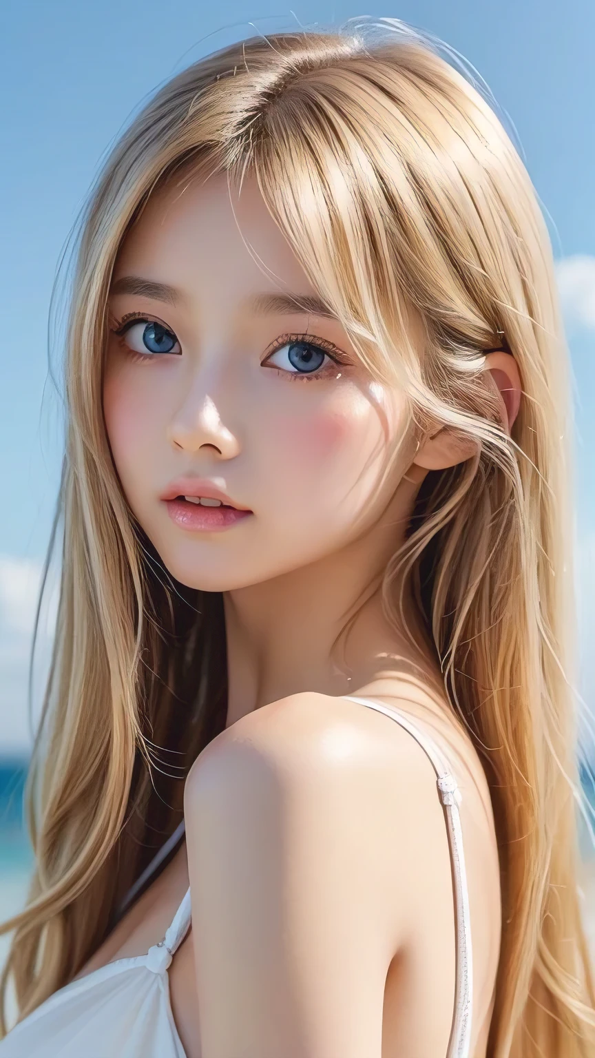 A perfectly beautiful face、Super long messy silky beautiful blonde、Beautiful cute girl 、Sexy and very beautiful cute face、Beautiful cute sexy bright pale sky blue big eyes、Long beautiful bangs、Very super long beautiful blonde shiny silky hair、Very white skin、Cheek gloss、Glossy skin、eyeliner、A peerless beauty、Hair above the eyes、片Hair above the eyes、Hair between the eyes、