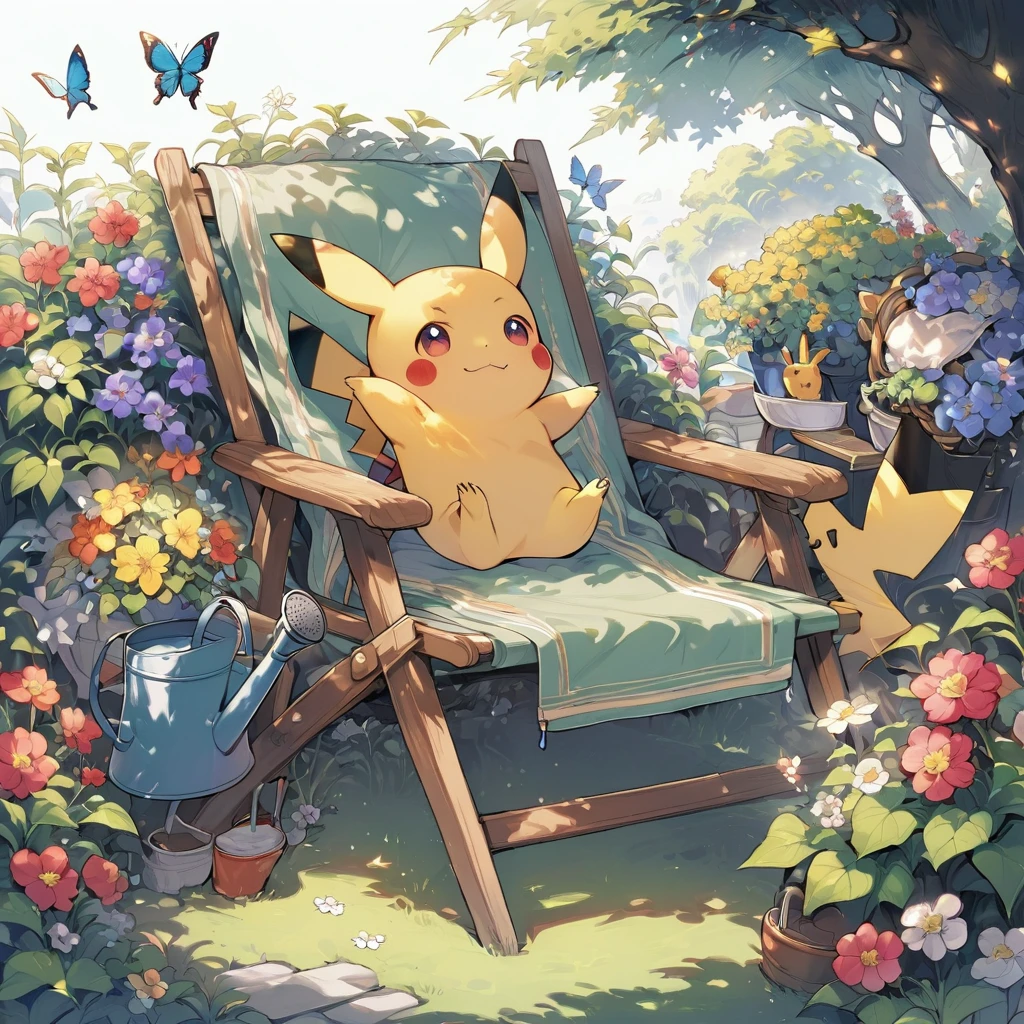 Draw a delightful illustration of Pikachu relaxing in a garden chair. Pikachu should be surrounded by blooming flowers and greenery, sitting comfortably with a smile. Include details like a watering can, garden tools, and butterflies flying around. The overall vibe should be fresh and lively.