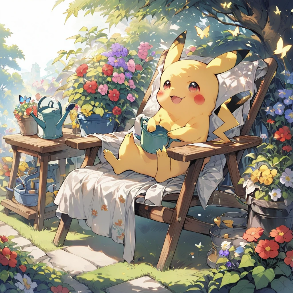 Draw a delightful illustration of Pikachu relaxing in a garden chair. Pikachu should be surrounded by blooming flowers and greenery, sitting comfortably with a smile. Include details like a watering can, garden tools, and butterflies flying around. The overall vibe should be fresh and lively.