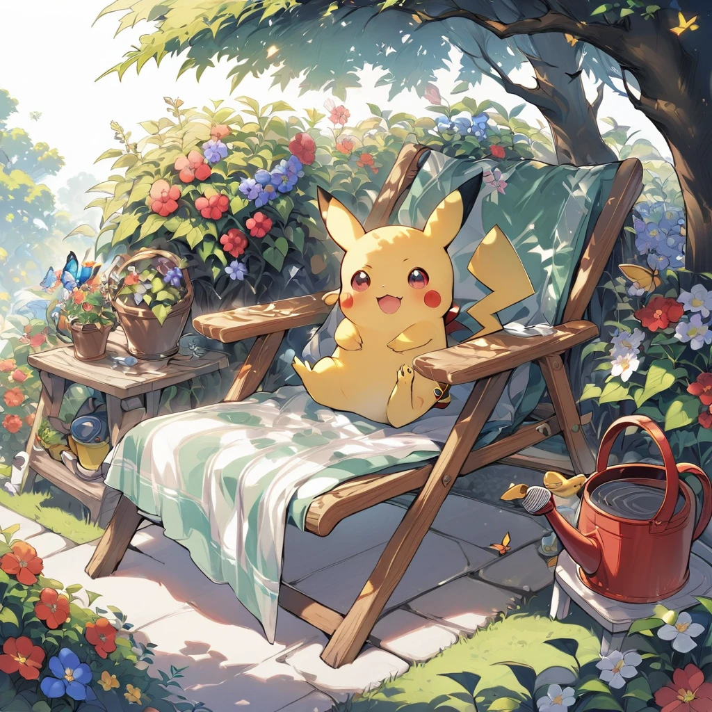 Draw a delightful illustration of Pikachu relaxing in a garden chair. Pikachu should be surrounded by blooming flowers and greenery, sitting comfortably with a smile. Include details like a watering can, garden tools, and butterflies flying around. The overall vibe should be fresh and lively.