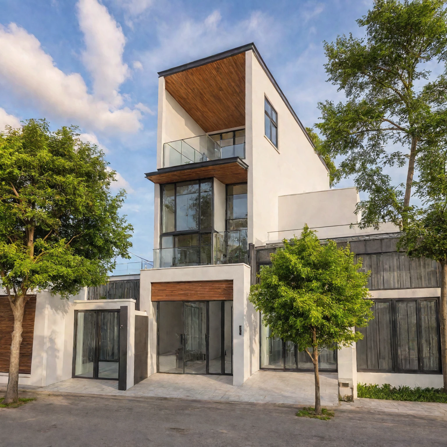 Masterpiece, high quality, best quality, authentic, super detail, outdoors, house style modern, bietthuhn, white wall, glass windows, gate road, pavement, grass, trees, Beautiful_sky, SUNSET, (day:1.1), realistic lighting