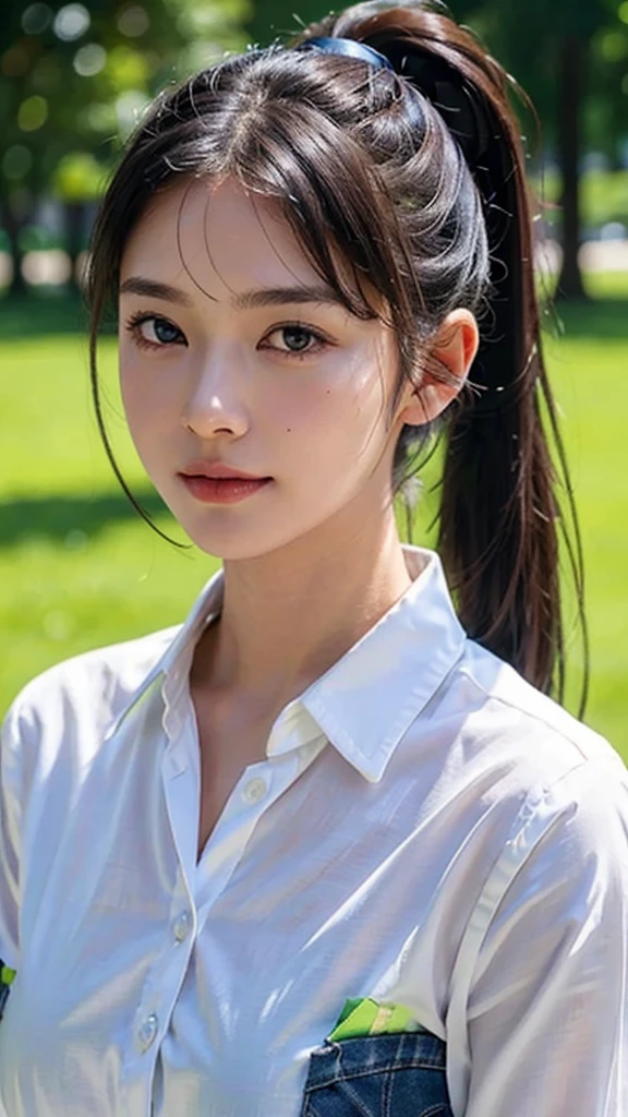White collared shirt,jeans,outdoors,Urban Park,On the lawn,One woman,close up face,fully body photo,masutepiece, The highest image quality, High quality, the background is clear，Beautiful woman, Japanese, Detailed, Ultra-detailed, finely detail, hight resolution, 8K Wallpaper, Perfect dynamic composition, Beautiful detailed eyes ,Detailed eyes, Detailed skin, Beautiful skin, 超hight resolution, (reality: 1.4),Very beautiful woman, Slightly younger face, Beautiful skin, slender, (Ultra photo realsisim), (hight resolution), (8K), (Very detailed) (beautifully detailed eyes), (super detailed),   (Detailed face), view the viewer, Fine details, Detailed face, Staring straight ahead, Staring straight ahead, photos realistic, Bright lighting, Professional Lighting, Black hair,poneyTail,a baby face,sixteen years old,Hairstyle: ponytail,Long ponytail hairstyle,slight smile,