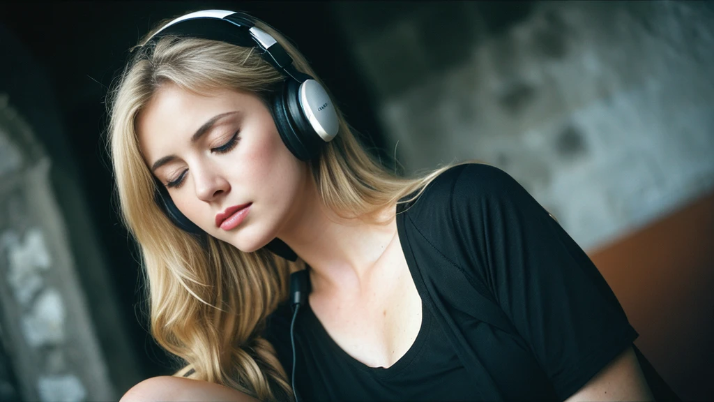 Beautiful blonde with big breasts in a black T-shirt (I sit in the dark ruins with my eyes closed and tears streaming down my face),Wearing headphones,Very detailed, 21 years old, Innocent face, Naturally Wavy Hair, blue eyes, High resolution, masterpiece, Highest quality, Intricate details, Very detailed, Clear focus, Delicate skin, practical skin texture, texture, Delicate eyes, Professional, 4K, Sad crying face, Shot with Canon, 85mm, Shallow and deep,  Kodak Vision Color, Exactly, Very detailed, photograph_\(Extremist\), photographpractical, practical, Post-processing, Maximum details, Roughness, Real Life, Extremist practical, Photorealism, photographgraphy, 8K Ultra HD, photographgraphy