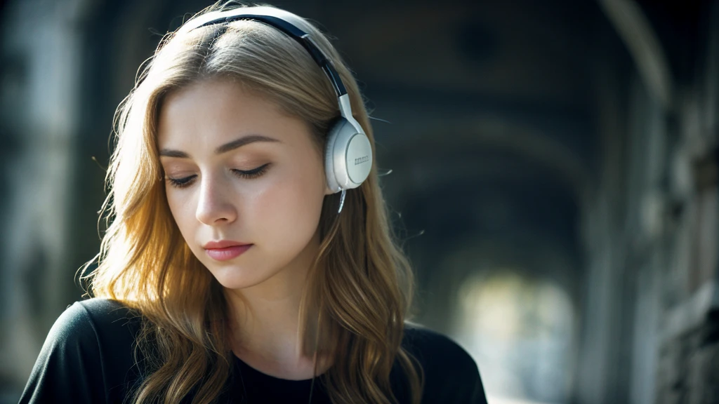 Beautiful blonde with big breasts in a black T-shirt (I sit in the dark ruins with my eyes closed and tears streaming down my face),Wearing headphones,Very detailed, 21 years old, Innocent face, Naturally Wavy Hair, blue eyes, High resolution, masterpiece, Highest quality, Intricate details, Very detailed, Clear focus, Delicate skin, practical skin texture, texture, Delicate eyes, Professional, 4K, Sad crying face, Shot with Canon, 85mm, Shallow and deep, Kodak Vision Color, Exactly, Very detailed, photograph_\(Extremist\), photographpractical, practical, Post-processing, Maximum details, Roughness, Real Life, Extremist practical, Photorealism, photographgraphy, 8K Ultra HD, photographgraphy