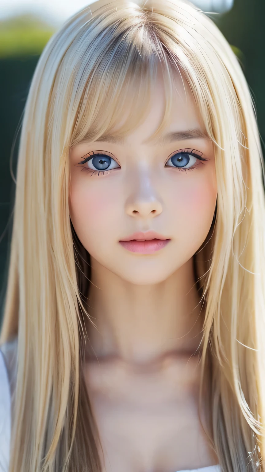 A perfectly beautiful face、Super long messy silky beautiful blonde、Beautiful cute girl 15 years old、Sexy and very beautiful cute face、Beautiful cute sexy bright pale sky blue big eyes、Long beautiful bangs、Very super long beautiful blonde shiny silky hair、Very white skin、Cheek gloss、Glossy skin、eyeliner、A peerless beauty、Hair above the eyes、片Hair above the eyes、Hair between the eyes、