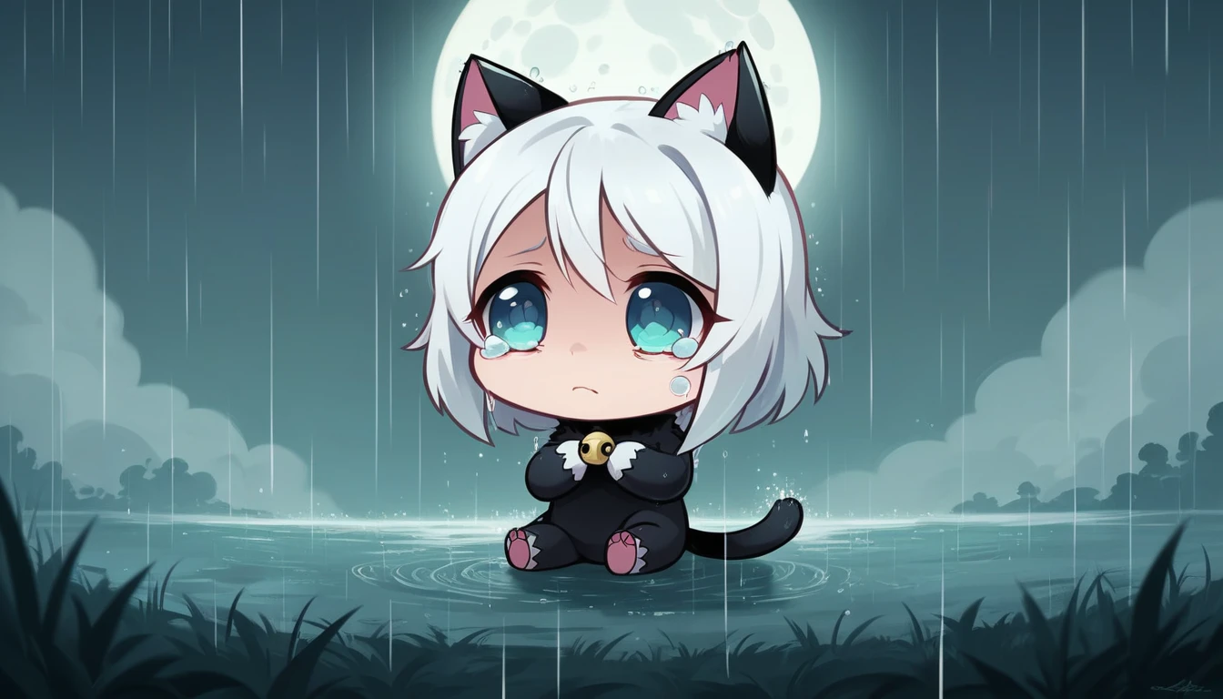 (best quality,4k,highres,ultra-detailed,masterpiece:1.3), black cat, white hair, cute anime girl, Fine art, chibi caracter, sad, sorrow, crying, tears, rainy, rain, full moon, night