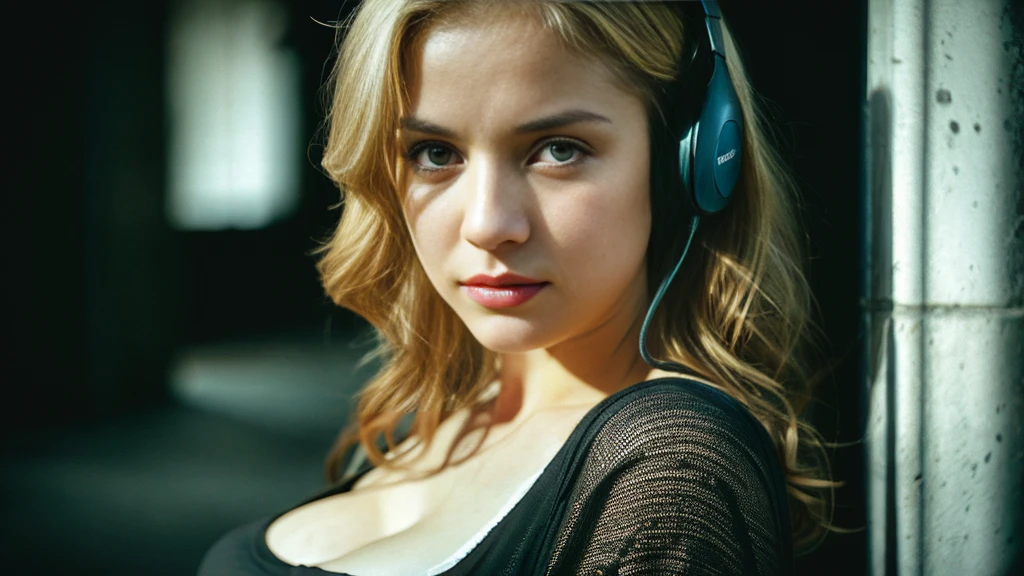 Beautiful blonde with big breasts in a black T-shirt (Sitting in tears in the dark ruins),Wearing headphones,Very detailed, 21 years old, Innocent face, Naturally Wavy Hair, blue eyes, High resolution, masterpiece, Highest quality, Intricate details, Very detailed, Clear focus, Delicate skin, practical skin texture, texture, Delicate eyes, Professional, 4K, Sad crying face, Shot with Canon, 85mm, Shallow and deep,  Kodak Vision Color, Exactly, Very detailed, photograph_\(Extremist\), photographpractical, practical, Post-processing, Maximum details, Roughness, Real Life, Extremist practical, Photorealism, photographgraphy, 8K Ultra HD, photographgraphy