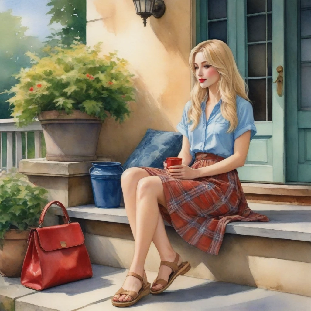 anime,Imagine a serene setting where a Brazilian woman is the centerpiece of a tranquil watercolor scene. She sits comfortably on a concrete porch, her posture relaxed. Her straight blonde hair cascades over her shoulders, providing a lovely contrast to her light blue blouse and floral skirt. The red of her lips adds a pop of color that draws your eye, while her black flip-flops suggest a casual elegance. Beside her, a brown plaid bag rests against the porch railing, hinting at a story yet to be told. The setting is simple yet inviting: a beige wall with a window offering a glimpse of a tranquil interior and potted plants that add a touch of greenery and life to the composition.

