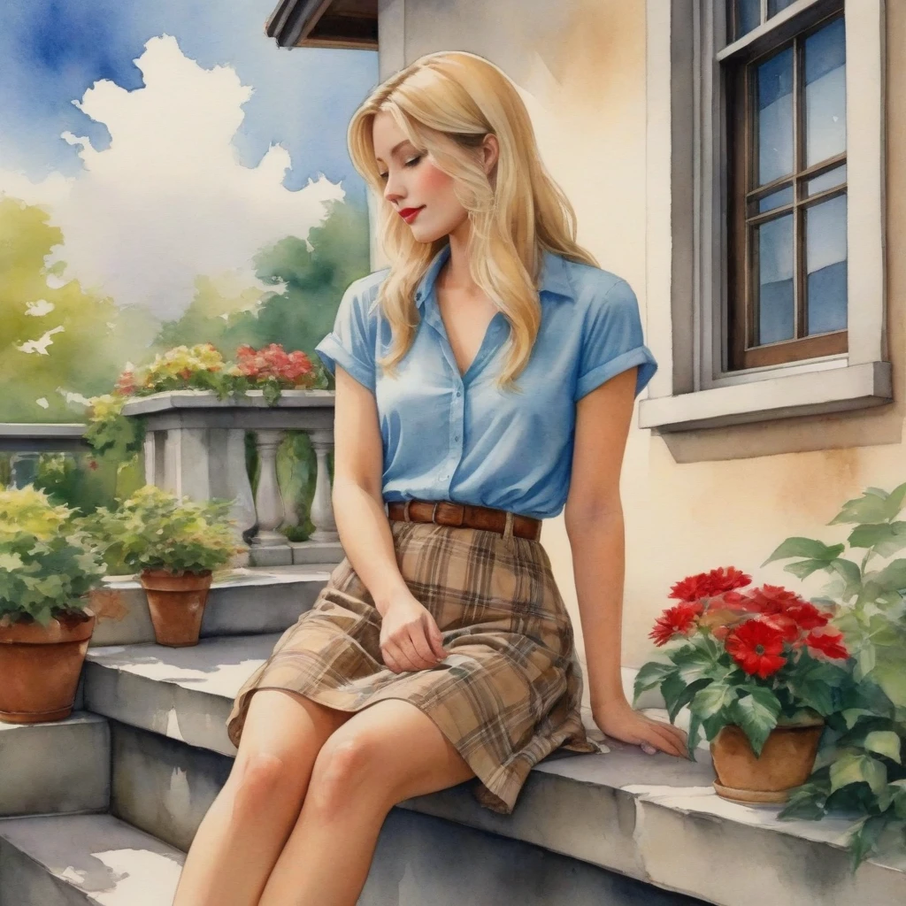 anime,Imagine a serene setting where a Brazilian woman is the centerpiece of a tranquil watercolor scene. She sits comfortably on a concrete porch, her posture relaxed. Her straight blonde hair cascades over her shoulders, providing a lovely contrast to her light blue blouse and floral skirt. The red of her lips adds a pop of color that draws your eye, while her black flip-flops suggest a casual elegance. Beside her, a brown plaid bag rests against the porch railing, hinting at a story yet to be told. The setting is simple yet inviting: a beige wall with a window offering a glimpse of a tranquil interior and potted plants that add a touch of greenery and life to the composition.

